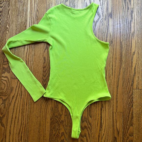 AGolde Bea Asymmetric Cutaway Thong Bodysuit Lime Green Thumb Hole Size Large - Picture 10 of 16